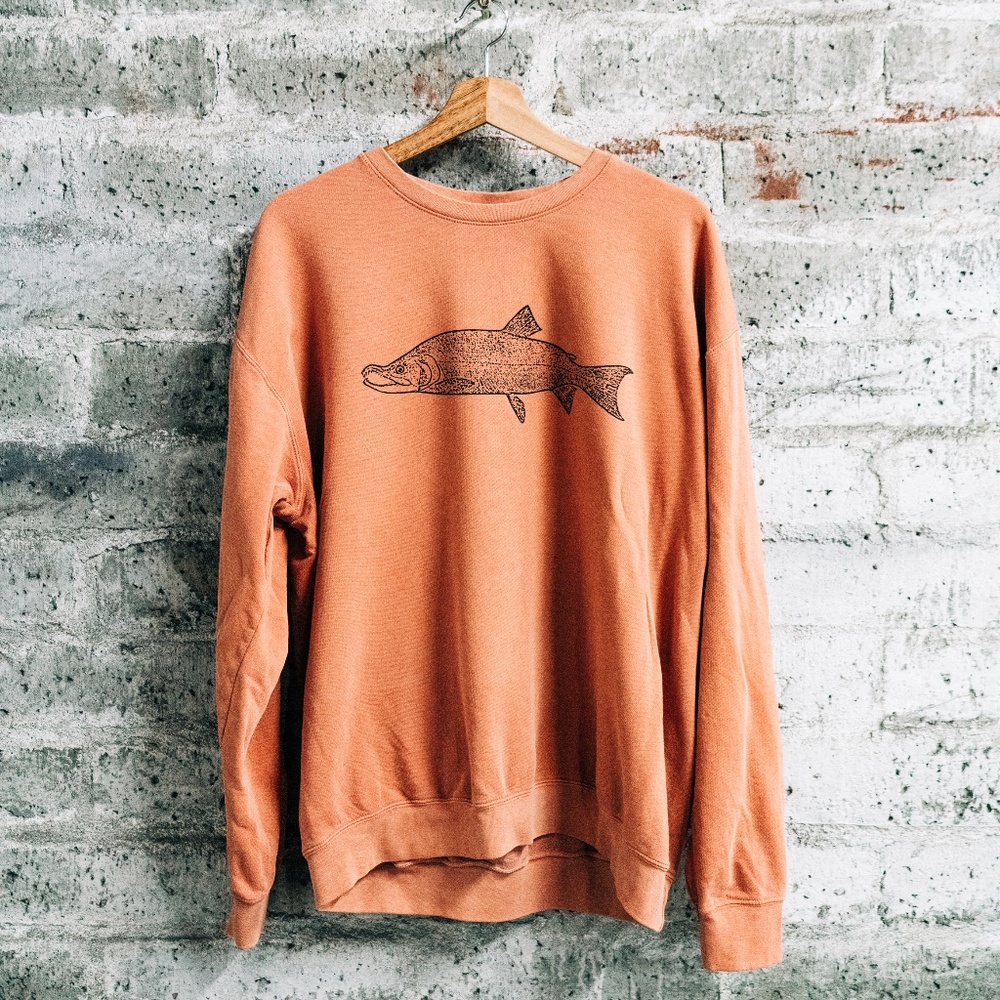 Large Sockeye Salmon Hand Screenprinted Orange Graphic Crew Neck Sweatshirt